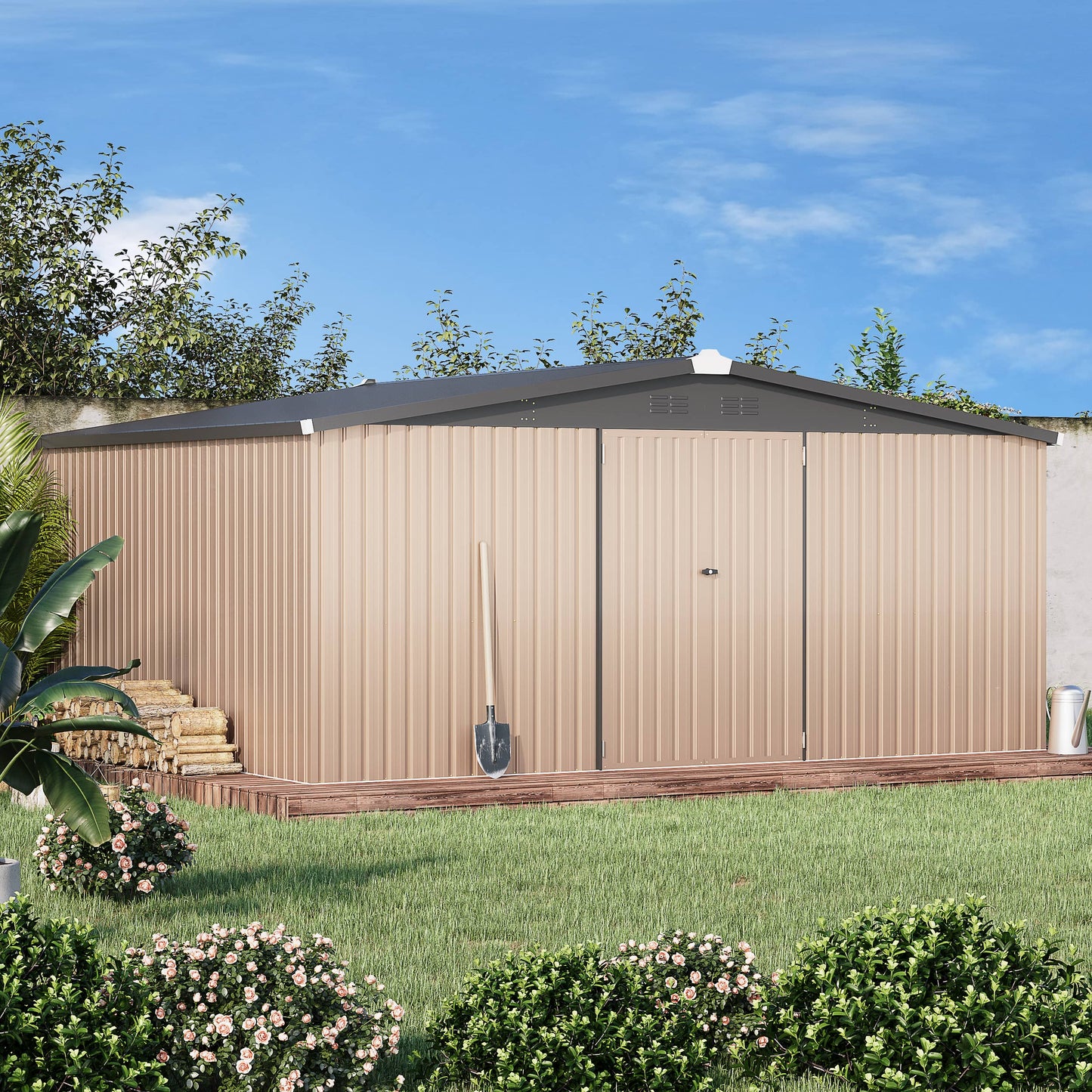 AECOJOY 14' x 12' Outdoor Storage Shed with Lockable Door Patio Metal Garden Storage Building in Brown for Outside