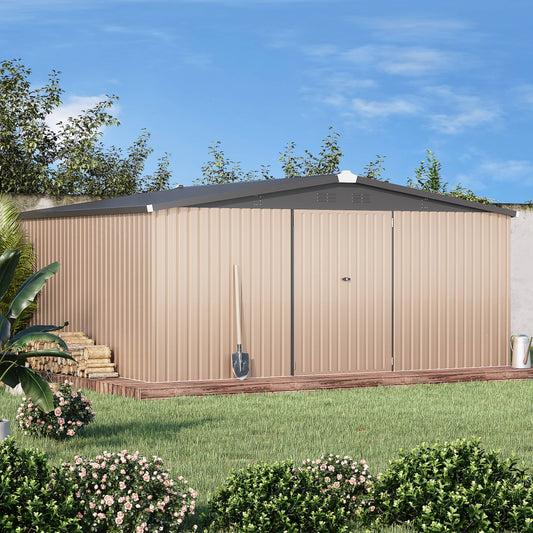 AECOJOY 14' x 12' Outdoor Storage Shed with Lockable Door Patio Metal Garden Storage Building in Brown for Outside