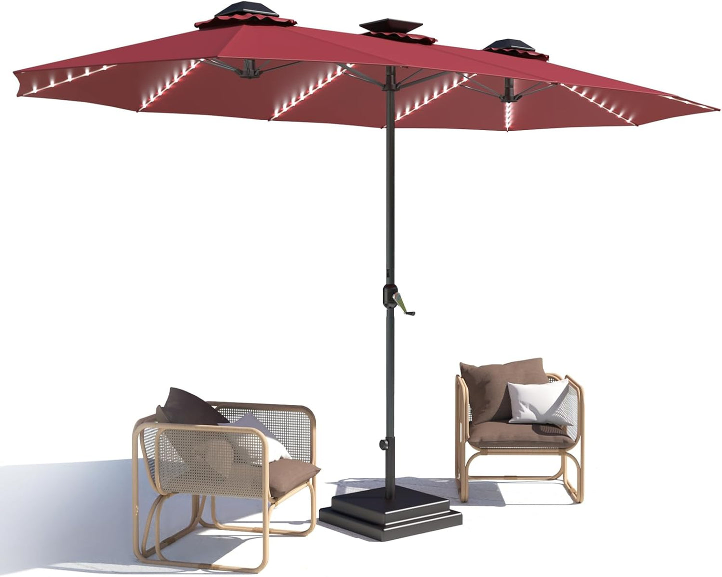 YODOLLA 15ft Patio Umbrella with Solar Lights, Outdoor Large Double Umbrella with 156 PCS LED Lights and Crank Handle for Backyard Deck Pool Shade, Red