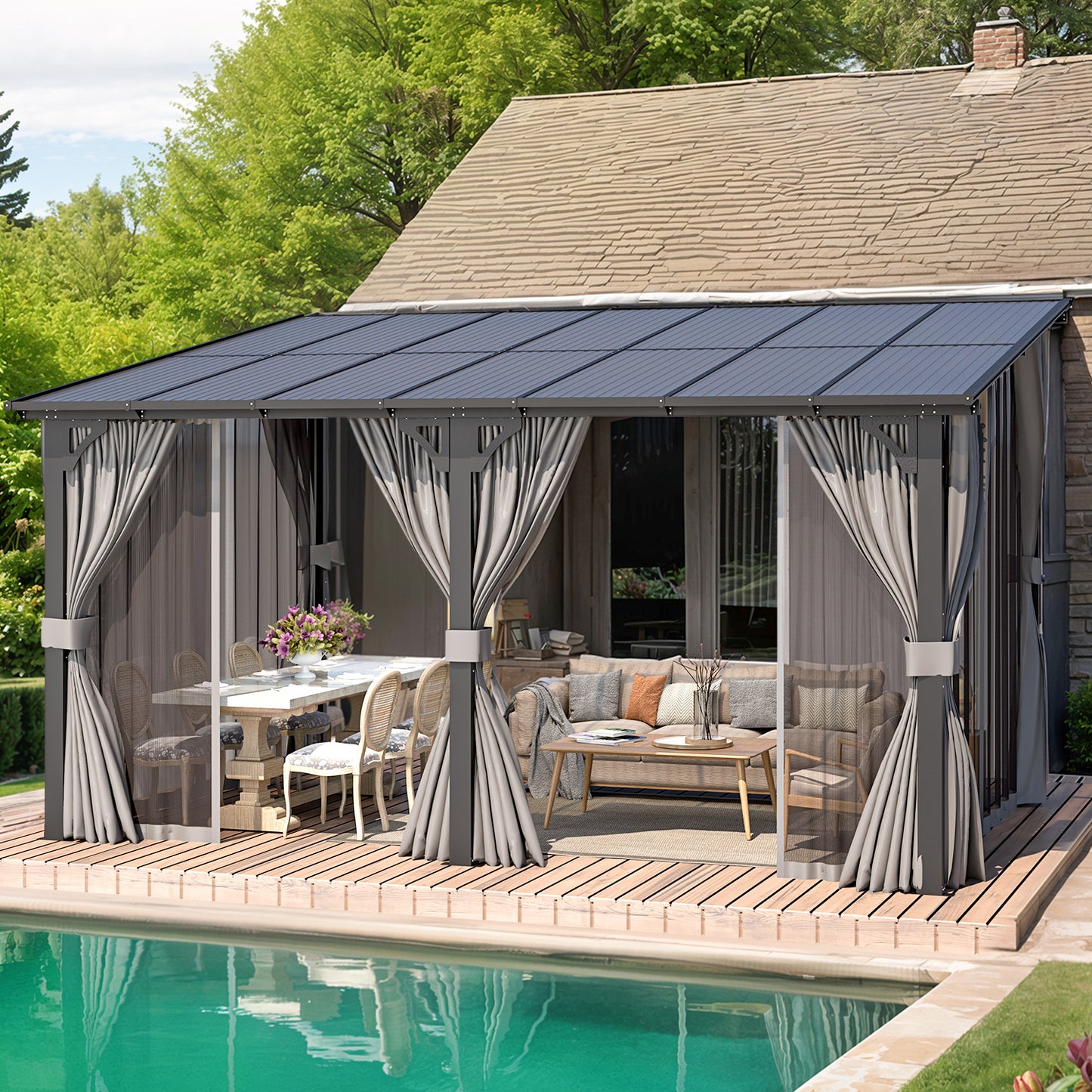 AECOJOY 14' x 10' Lean to Gazebo with Netting and Curtain Outdoor Hardtop Gazebo Aluminum Metal Pergola For Garden, Patio, Backyard-Dark Gray