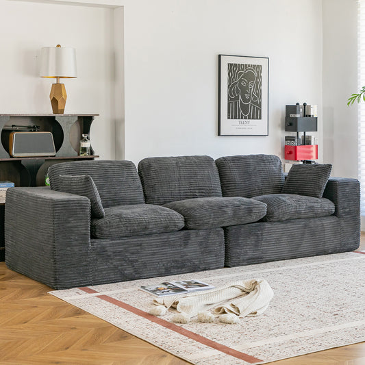 YODOLLA 110" Oversized Boneless Couch for Living Room,Cloud Sectional Sofa with Fluffy Corduroy Seat Cushions, 3 Seater Upholstered Floor Sofa, No Assembly Required, Grey