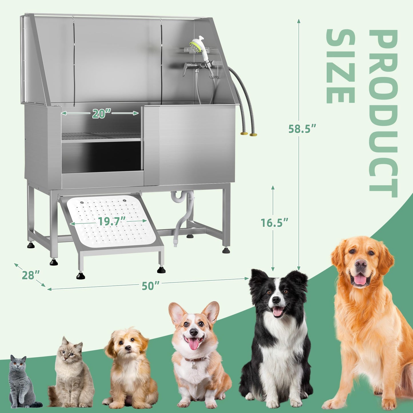 YODOLLA 50” Professional Stainless Steel Dog Washing Station for Large, Medium, and Small Dogs, Height Adjustable Dog Bathtub with Ramp, Pet Grooming Bath Tub for Indoor Outdoor, Left Door