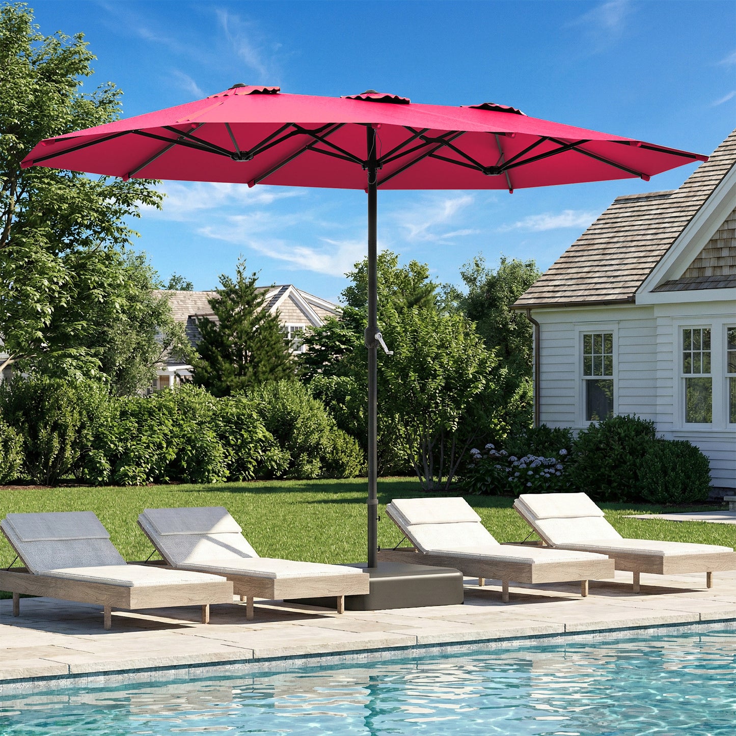 YODOLLA 15 x 9 ft Patio Umbrella with Base, Double-Sided Rectangular Market Umbrella with Crank Handle, 1.9" Pole, Red