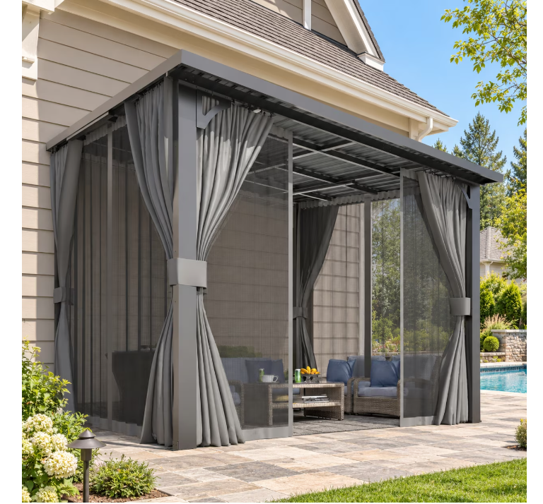 YODOLLA 10x8ft Wall-Mounted Hardtop Gazebo with Curtains and Netting, Heavy Duty Outdoor Pergola for Patio and Deck