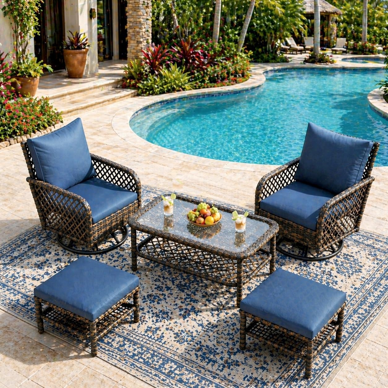 YODOLLA 5PCS Dark Blue Wicker Patio Furniture Set, 2 Swivel Gliders + 2 Ottomans + Central Table, Outdoor Conversation Set