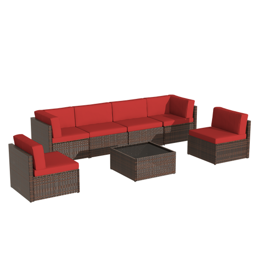 YODOLLA 7-Piece Patio Furniture Set with 30" Fire Pit Table, Rattan Wicker Outdoor Sectional Sofa Couch with Table Patio Conversation Set for Lawn& Backyard In Brown&Red