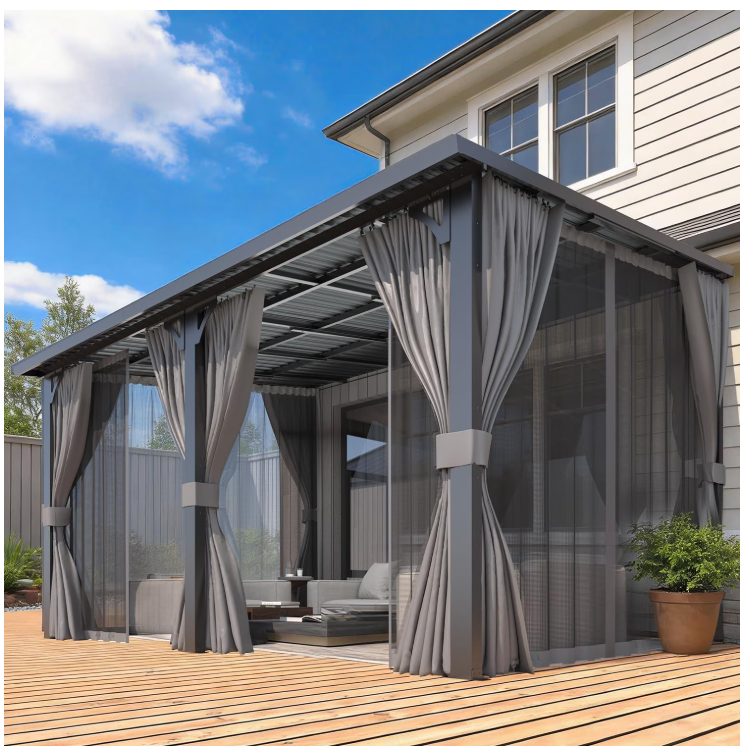 AECOJOY 16' x 10' Hardtop Patio Gazebo with Curtains and Netting, Wall Mounted Heavy Duty Outdoor Pergola on Clearance with Galvanized Steel Roof, Waterproof Metal Grill Gazebo for Backyard