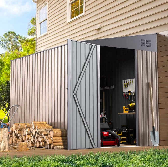 YODOLLA 8' x 6' Outdoor Storage Side Shed Metal Attached Lean-to Shed Galvanized Storage Building for Backyard in Brown
