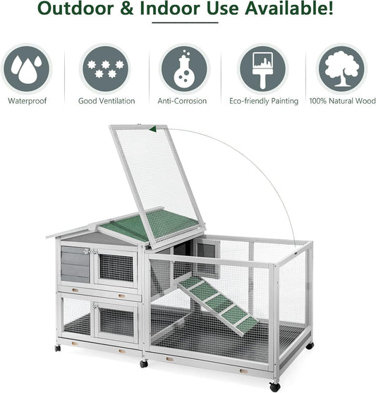 YODOLLA Rabbit Hutch 61.5", Two-Story Outdoor Wooden Bunny Cage with Wheels