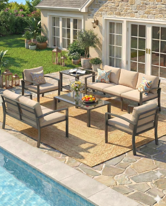YODOLLA 7-Seat Metal Patio Furniture Set with Coffee Table and Side Table, Outdoor Conversation Set with Deep Cushions, Beige