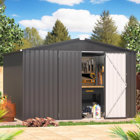 YODOLLA 8 x 10 ft. Outdoor Metal Storage Shed with Sliding Roof & Lockable Door in Dark Grey for Garden, Patio& Backyard
