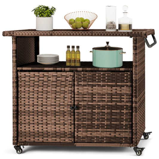AECOJOY Patio Wicker Bar Tables with Wheels&Shelf Patio Serving Table Outdoor Storage Cabinet Outdoor Bar Cart, Brown