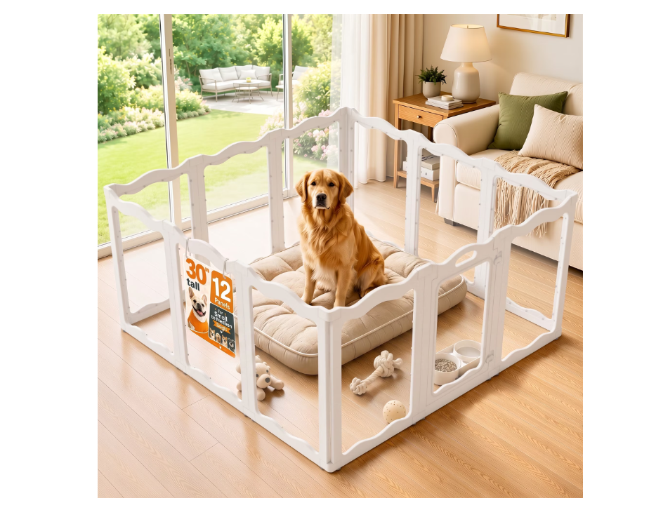 JFHID Clear Acrylic Dog Playpen Indoor for Small Dogs, Puppies & Cats, 30" H, 12 Panels, White