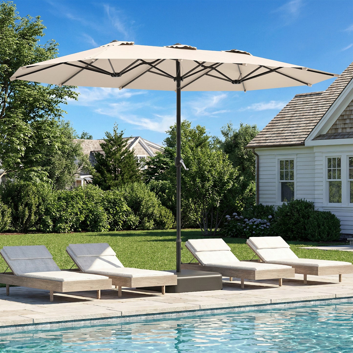 YODOLLA 15 x 9 ft Patio Umbrella with Base, Double-Sided Rectangular Market Umbrella with Crank Handle, 1.9" Pole, Beige