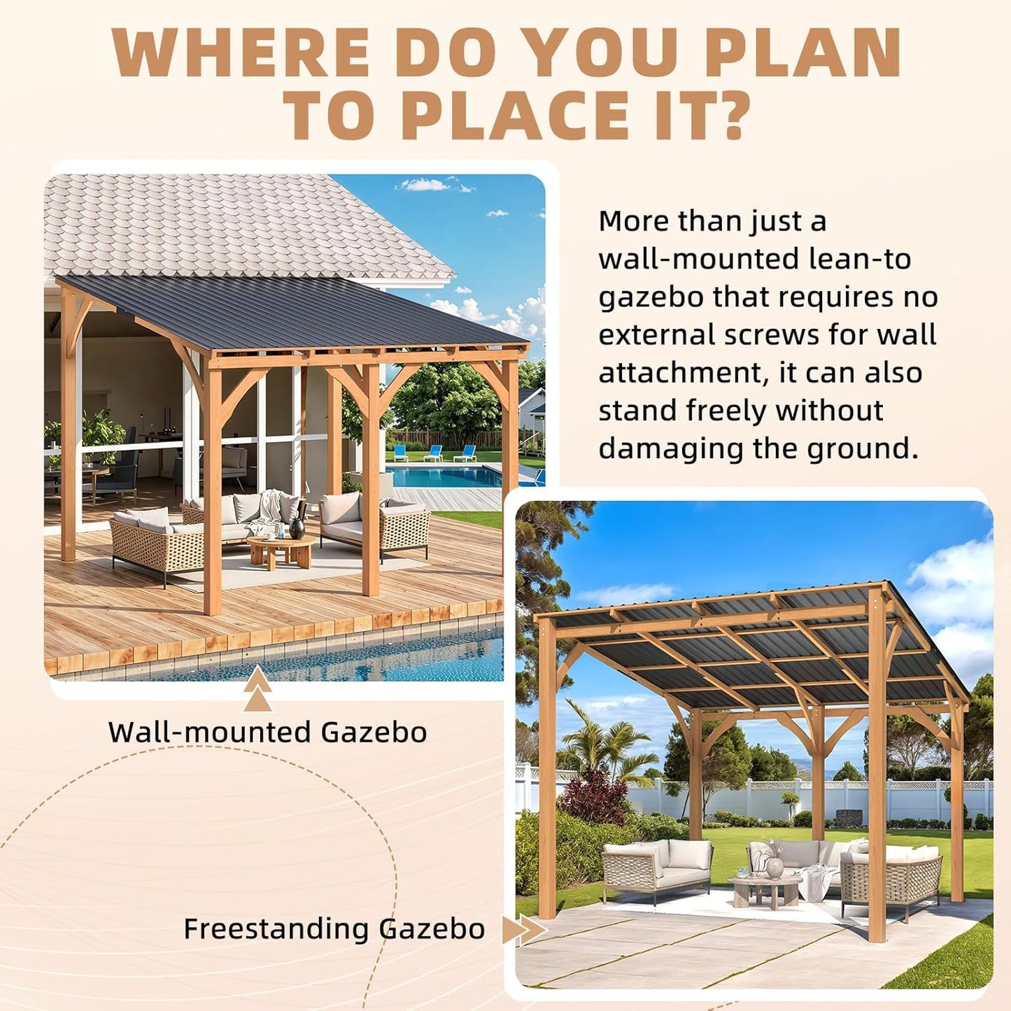 YODOLLA 10' x 10' Wall-Mounted Outdoor Wood Gazebo, Hardtop Cedar Pergola with Heavy-Duty Awnings for Patio, Deck, Backyard