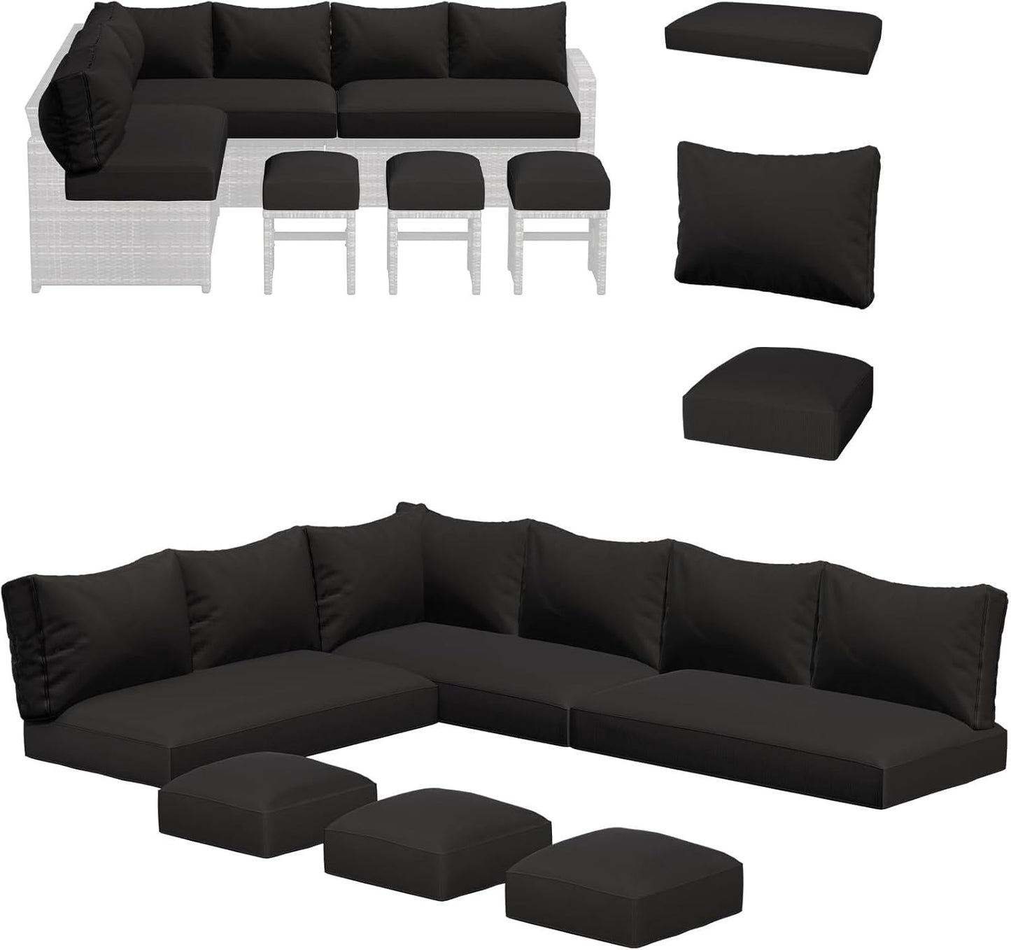 AECOJOY Outdoor Cushions, 4 inch Patio Cushions for Outdoor Furniture, Replacement Cushions Fits 7-Seats Sectional Rattan Conversation Set, Splashproof, Memory Foam Cushions and Covers in Black