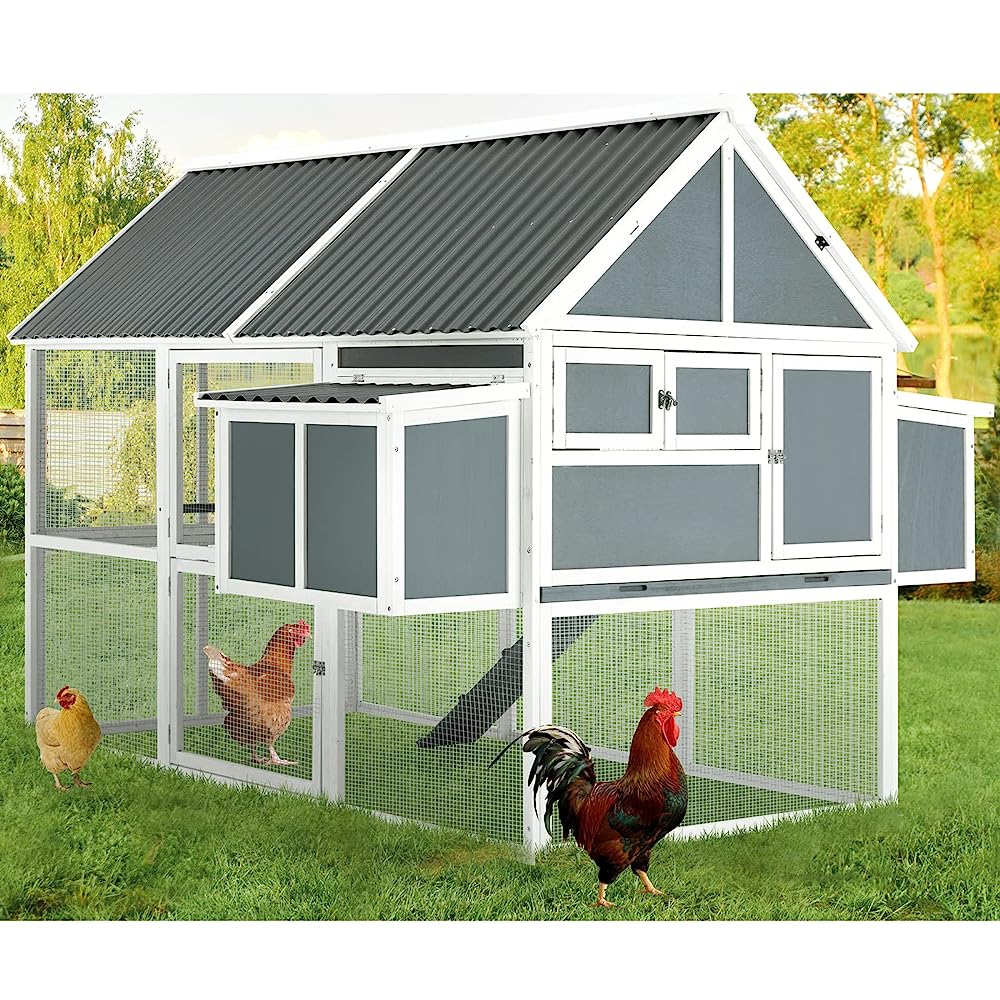 YODOLLA 84" Wooden Outdoor Chicken Coop, Large Hen House with Run for 10 Chickens, Walk-in Poultry Cage, Grey