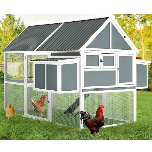 YODOLLA 84" Wooden Outdoor Chicken Coop, Large Hen House with Run for 10 Chickens, Walk-in Poultry Cage, Grey
