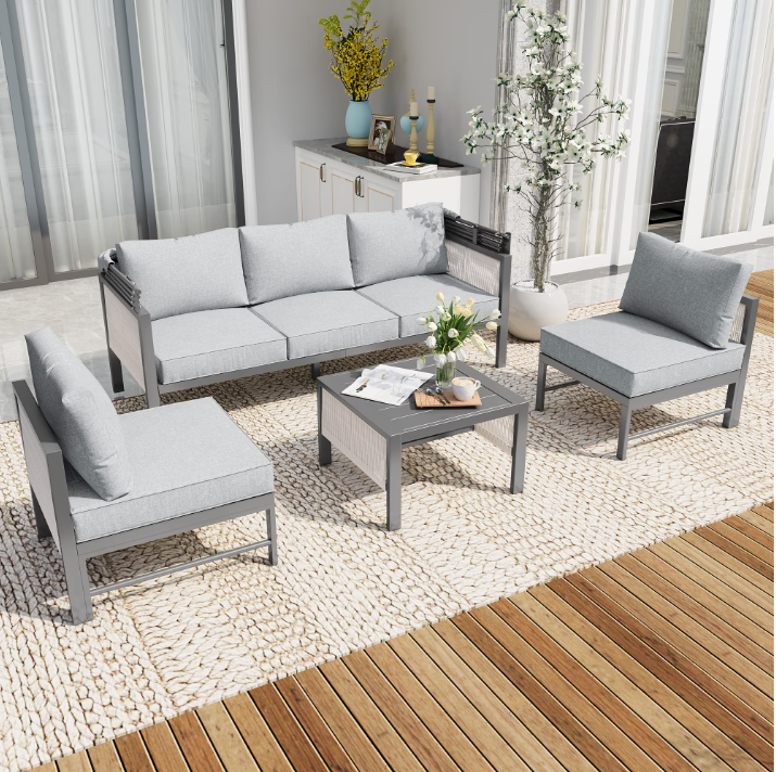 YODOLLA Aluminum Patio Furniture Sets, 4 Pieces Outdoor Sectionl Sofa with Retractable Canopy, Patio Conversation Set with Light Gray Cushions for Outdoor