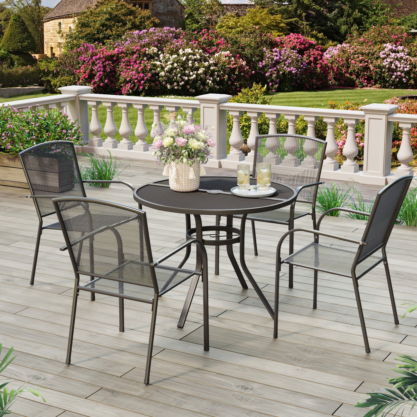 AECOJOY 5-Piece Patio Metal Dining Set with Round Table Dark Gray 4-Persons