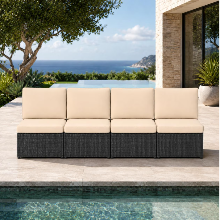 YODOLLA 4 Piece Patio Sofa Set, Outdoor Modular Wicker Furniture with Armless Seats, Flexible Sectional Seating for Lawn/Garden/Balcony, Beige Cushions and Black PE Rattan