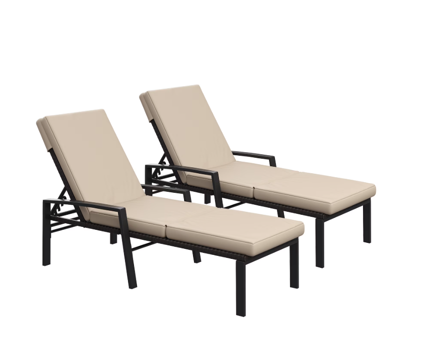 AECOJOY 2PCS Patio Rattan Lounge Chair Chaise Recliner Back Adjustable Cushioned Beige