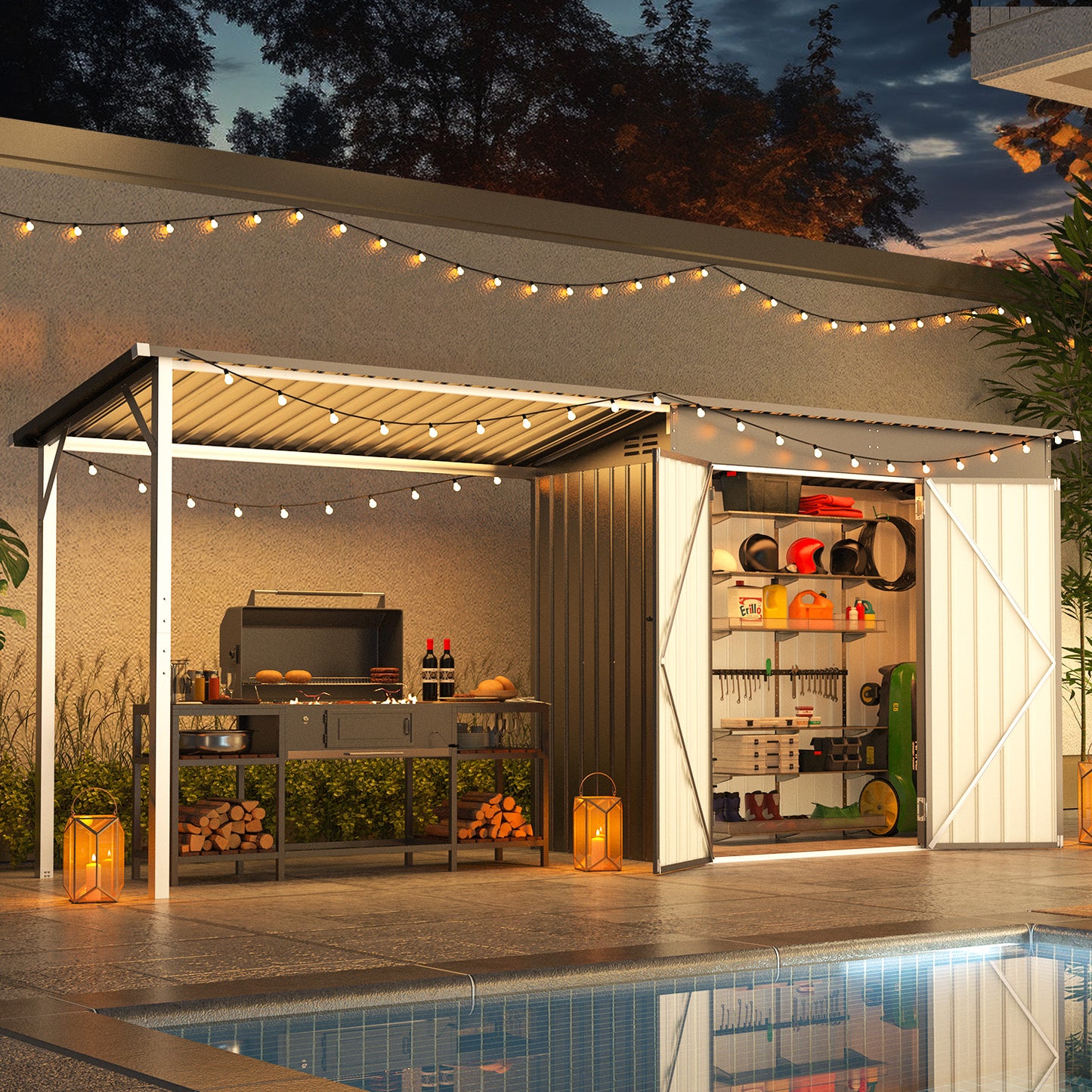 YODOLLA Outdoor Open-Sided Storage Shed, 6x4 Sheds & Outdoor Storage with 56 Sq. Ft Covered, 2-in-1 Tool Shed with Attached Hardtop Metal Pergola Gazebo