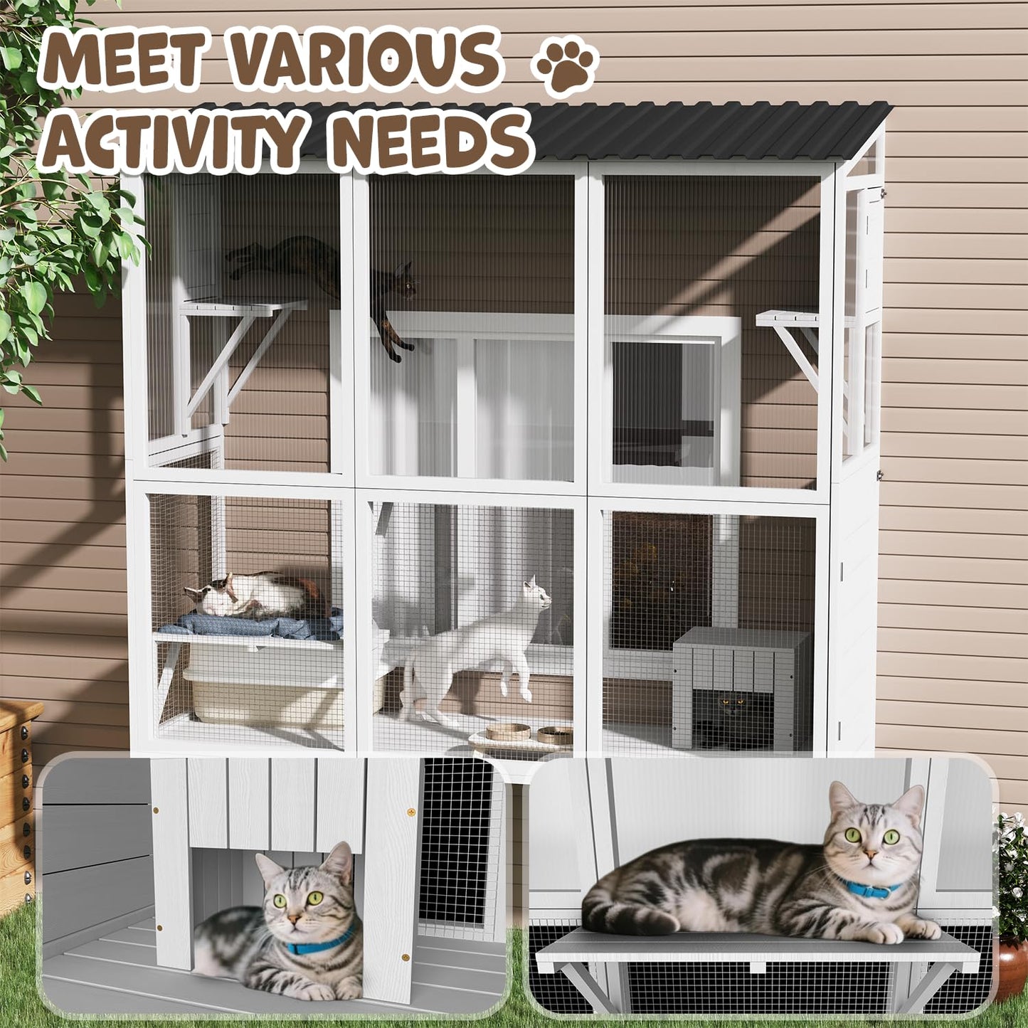 YODOLLA Catio Cat Window Box Cat Enclosure for Multiple Indoor Cats,Outside Wood Cat House, White