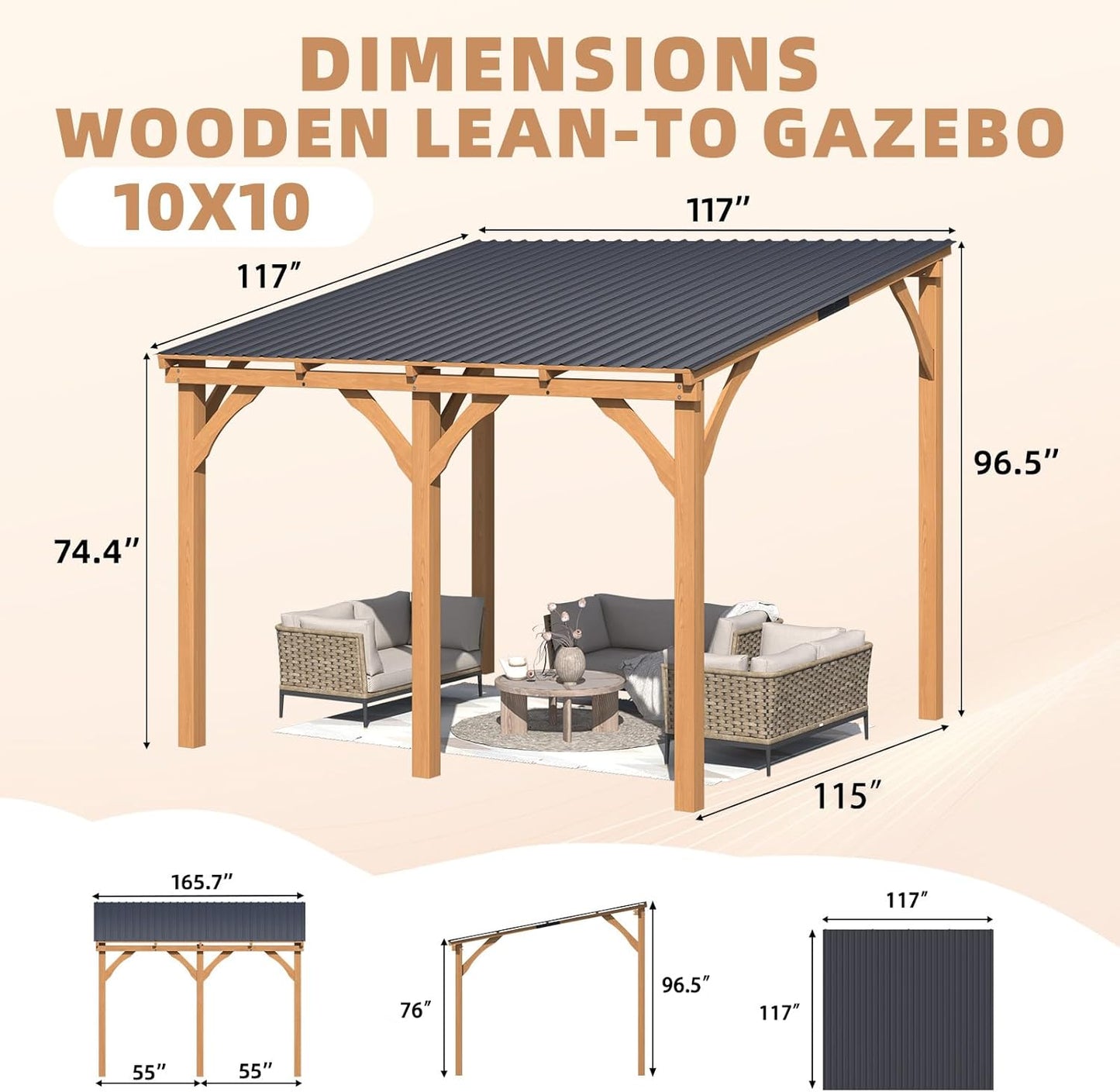 YODOLLA 10' x 10' Wall-Mounted Outdoor Wood Gazebo, Hardtop Cedar Pergola with Heavy-Duty Awnings for Patio, Deck, Backyard