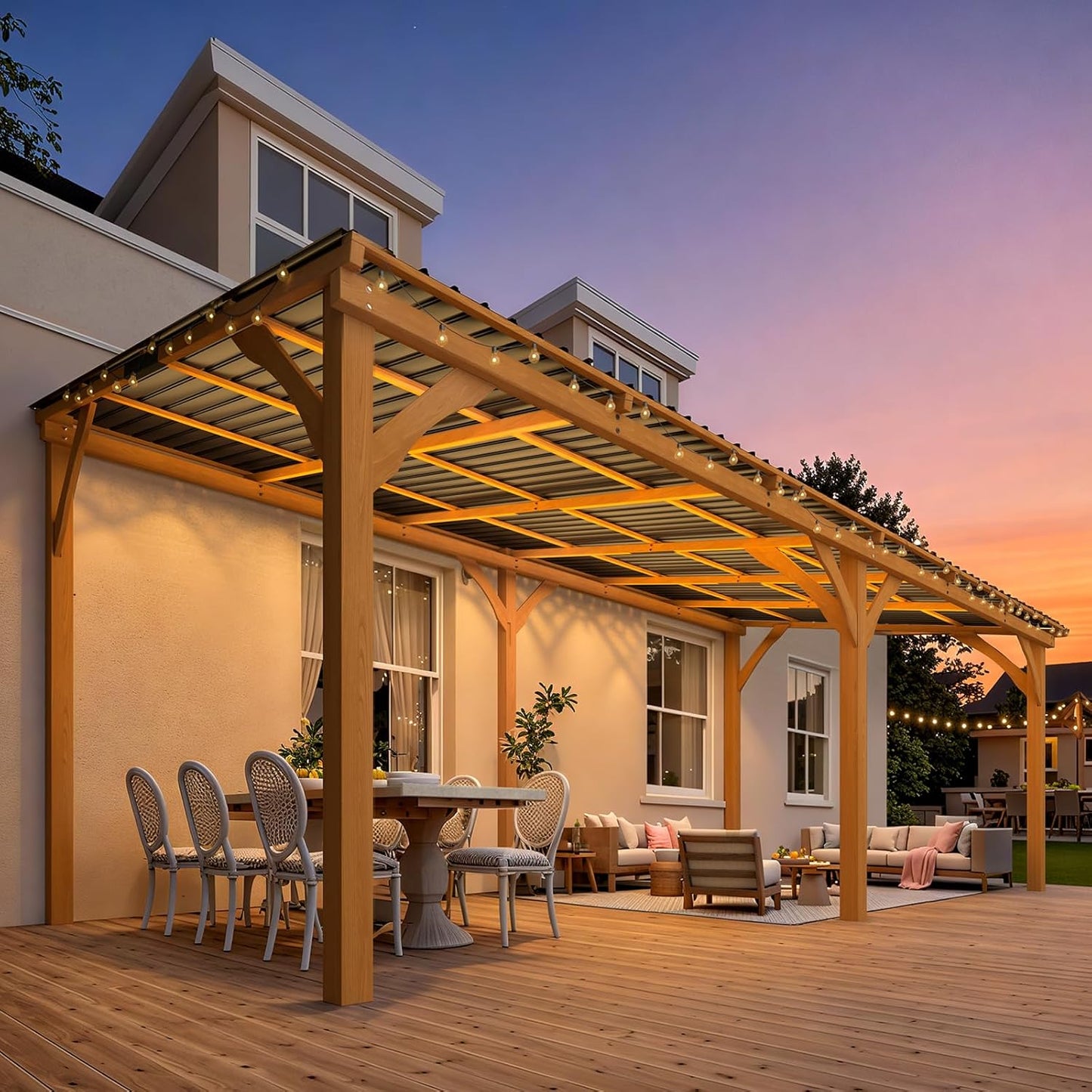 YODOLLA 20' x 10' Wall-Mounted Outdoor Wood Gazebo, Hardtop Cedar Pergola with Heavy-Duty Awnings for Patio, Deck, Backyard