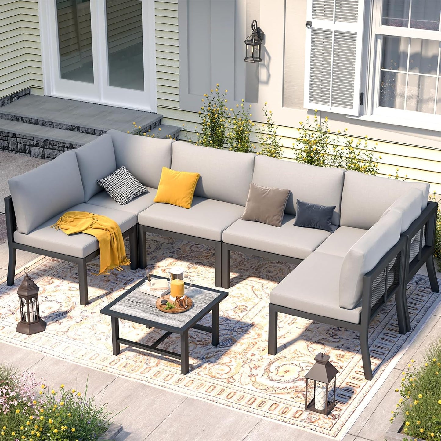 AECOJOY 7 Pieces Patio Furniture Set Outdoor Metal Conversation Sets Sectional Furniture with Cushions and Wooden Table for Backyard