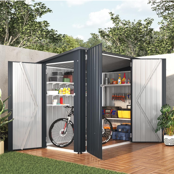YODOLLA 4 x 7.5 ft Storage Shed with Triple Door, Metal Bike Shed Lean to Outdoor Storage Cabinet Building with Shelves for Garden