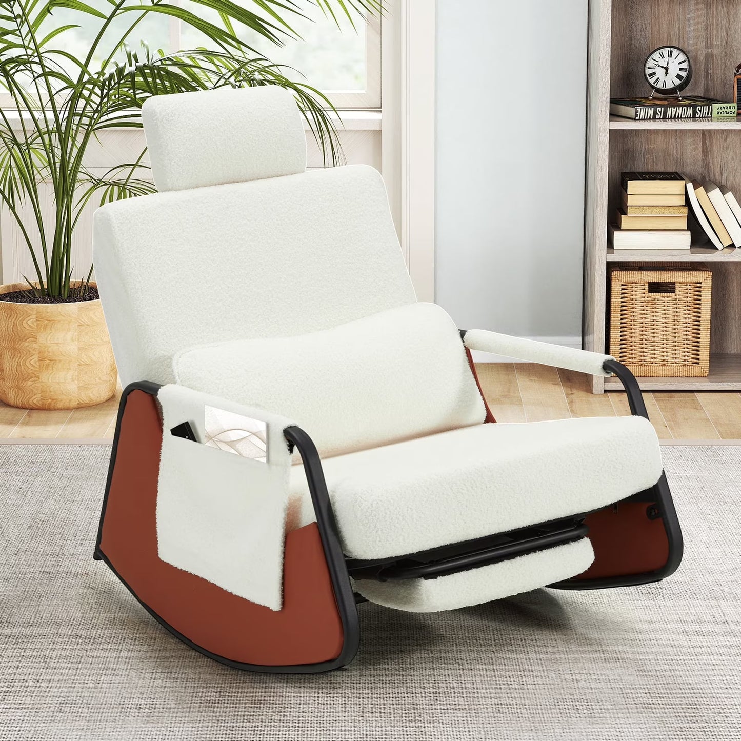 YODOLLA Rocking Accent Chair with Pull-out Footrest , Glider Recliner 3-Position Adjustable Backrest with Side Pocket , Teddy Fabric White