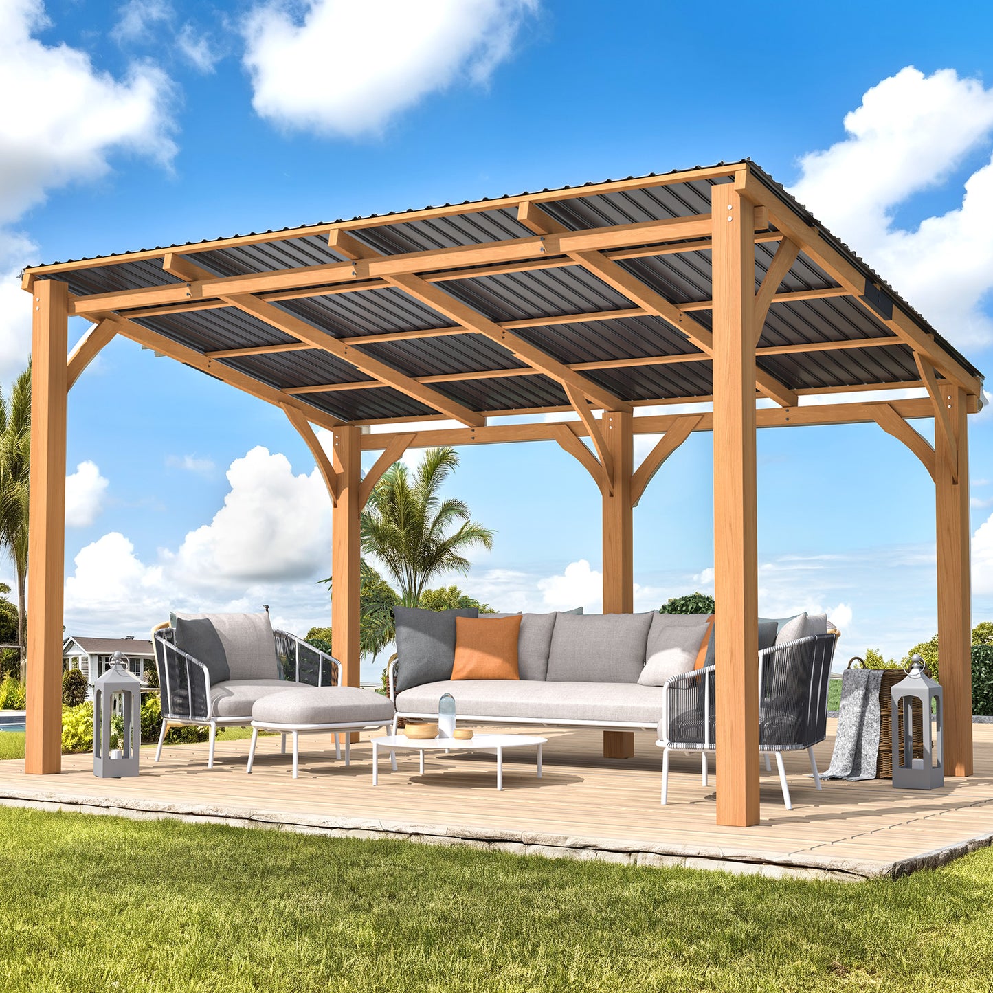 YODOLLA 14' x 10' Wall-Mounted Outdoor Wood Gazebo, Hardtop Cedar Pergola with Heavy-Duty Awnings for Patio, Deck, Backyard