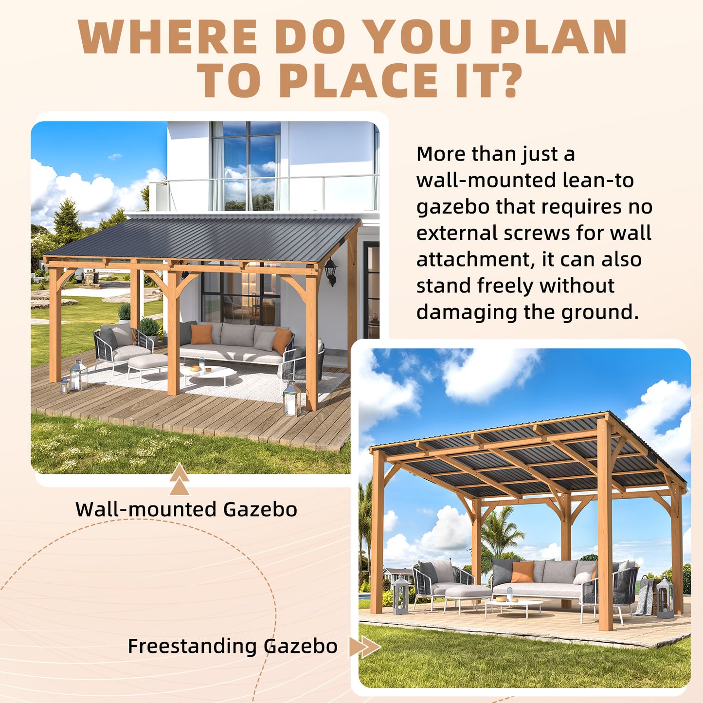 YODOLLA 14' x 10' Wall-Mounted Outdoor Wood Gazebo, Hardtop Cedar Pergola with Heavy-Duty Awnings for Patio, Deck, Backyard
