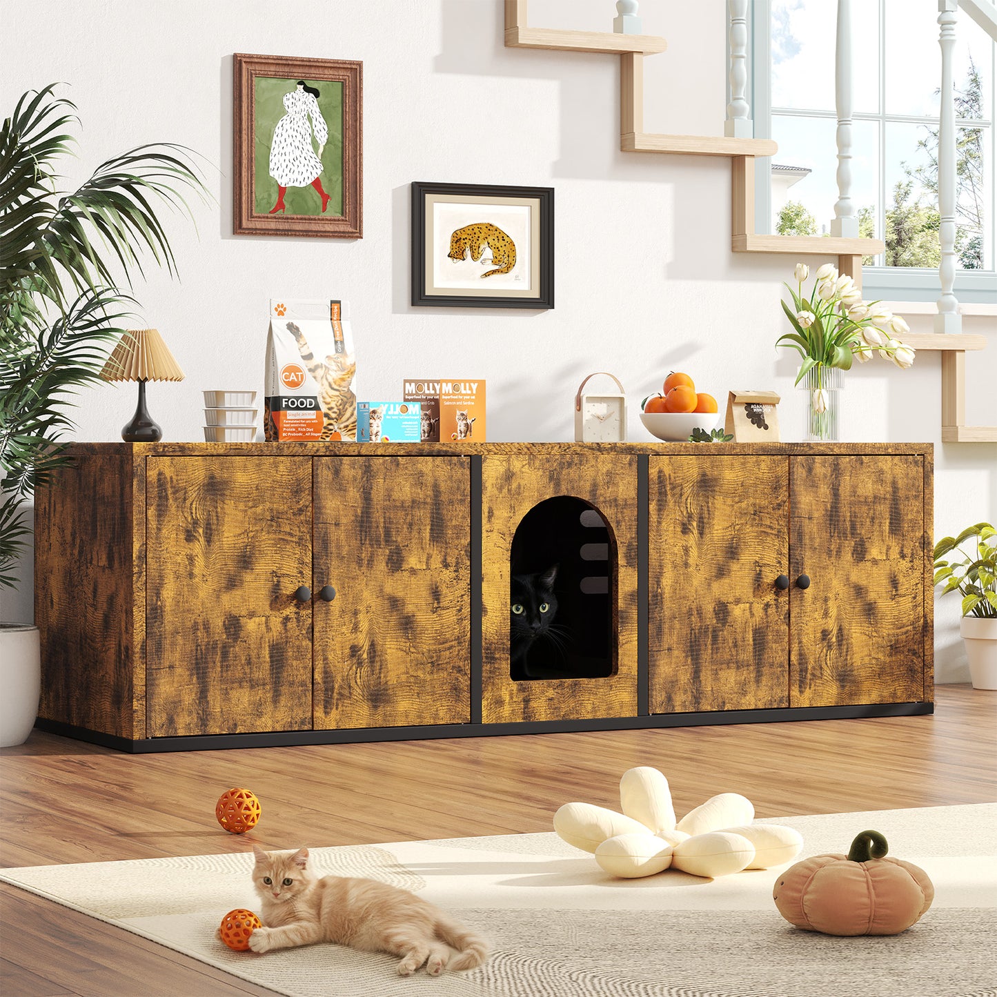 YODOLLA Cat Litter Box Enclosure for 2 Cats, Wooden Hidden Litter Box Furniture with Double Compartments and Large Storage Space, Cat House End Table or TV Stand for Living Room, Brown