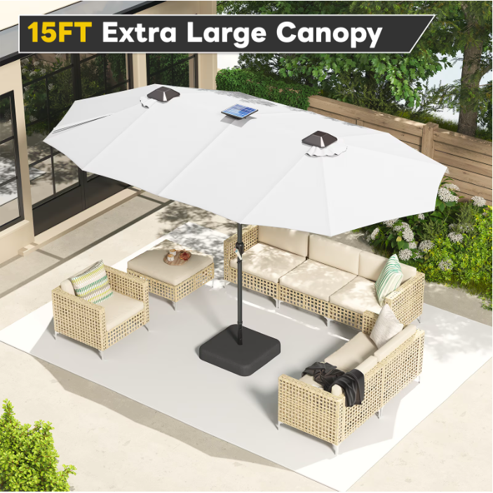 AECOJOY 15 x 9 ft Rectangular Double-Sided Patio Umbrella, 360° Solar Lights with Included Base, 1.9" Pole,Beige