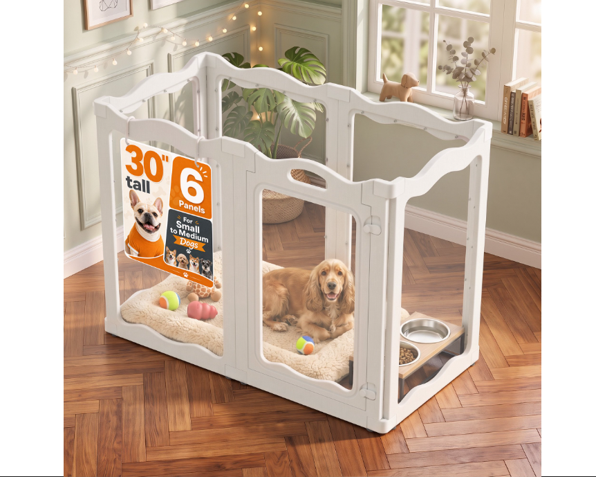JFHID Clear Acrylic Dual-Lock Indoor Pet Playpen for Dogs with 6 Panels, 30" H, White