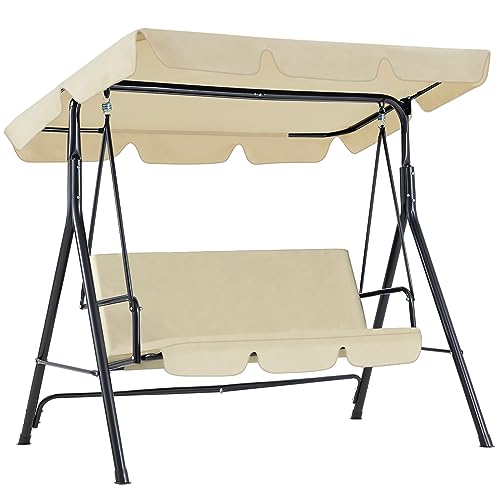 YODOLLA 3-Seat Outdoor Steel Porch Swing with Canopy, Swing Glider-Beige, Free Standing Porch Swing