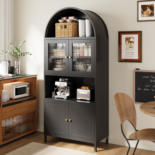 YODOLLA 73" Metal Arched Cabinet,Storage Display Arched Bookcase with Glass Doors,Kitchen Pantry Curio Storage Cabinet for Dining room, Pantry,Black