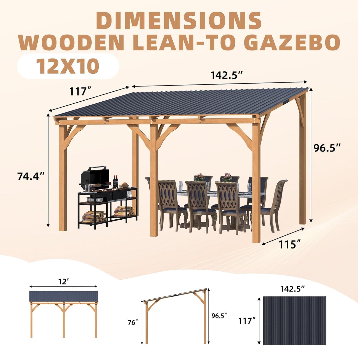 YODOLLA 12' x 10' Wall-Mounted Outdoor Wood Gazebo, Hardtop Cedar Pergola with Heavy-Duty Awnings for Patio, Deck, Backyard
