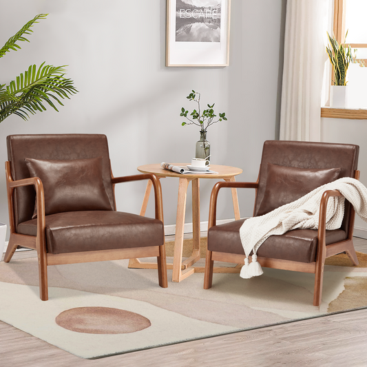 YODOLLA Mid-Century Faux Leather Wood Solid Print Anti-slip Foot Pad Armchair, Brown (Set of 2)