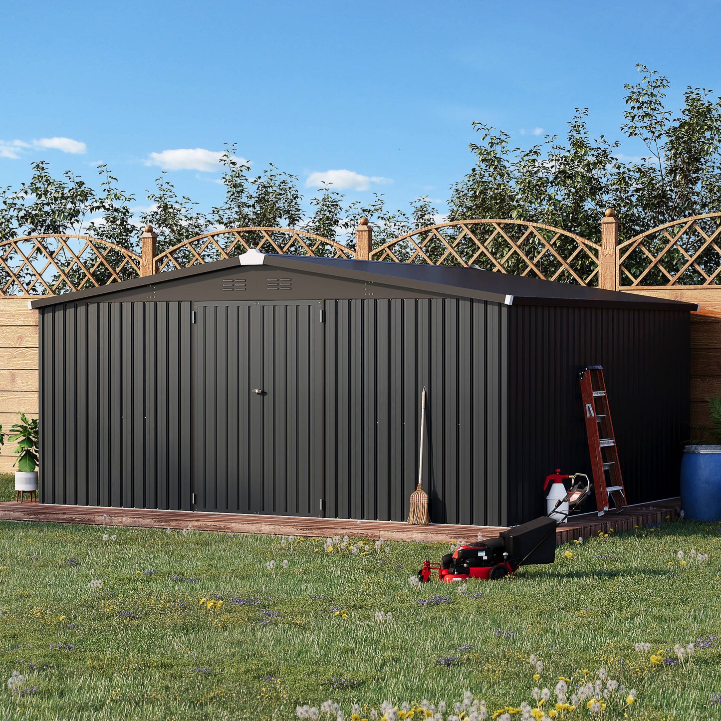 YODOLLA 14' x 12' Outdoor Storage Shed with Lockable Door Patio Metal Garden Storage Building in Dark Gray for Outside