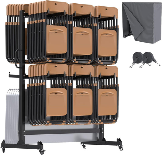 YODOLLA Folding Chair Rack,Heavy-duty Chair and table Cart for 84 Chairs/ 12 Tables+42 Chairs, 800 LBS Capacity,Dual-layer Chair Storage Dolly Trolley with Wheels, Matte Black