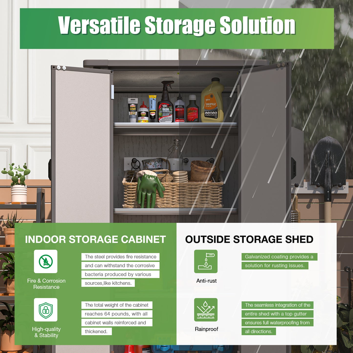 YODOLLA 70.5'' Outdoor Resin Storage Shed Plastic Storage Cabinet with Sloped Roof and 3 Adjustable Shelves