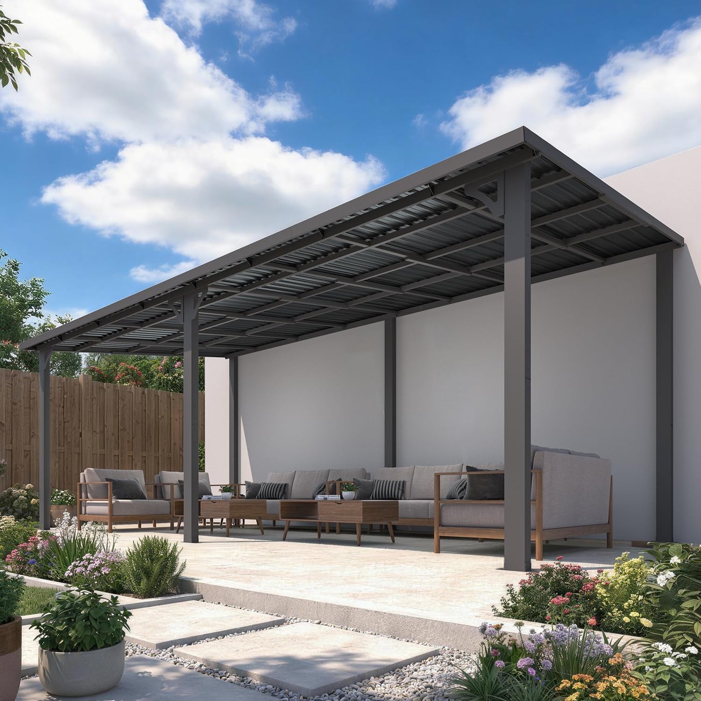 AECOJOY 20' x 10' Hardtop Patio Gazebo Wall Mounted, Heavy Duty Outdoor Pergola on Clearance with Galvanized Steel Roof, Waterproof Metal Grill Gazebo for Backyard