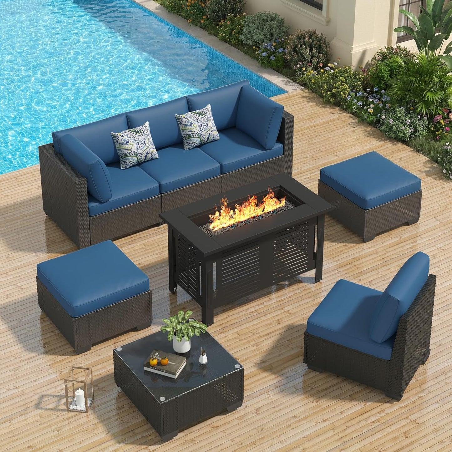 YODOLLA 7-Piece Patio Furniture Set with 30" Fire Pit Table, Rattan Wicker Outdoor Sectional Sofa Couch with Table Patio Conversation Set for Lawn& Backyard In Black& Navy