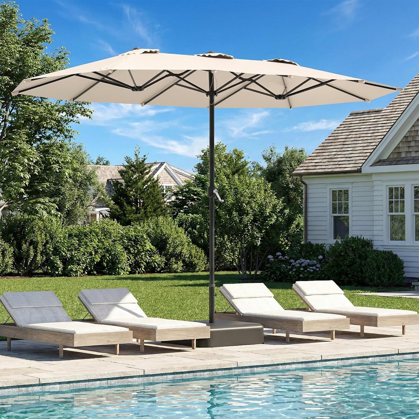 AECOJOY 15 x 9 ft Patio Umbrella with Base, Double-Sided Rectangular Market Umbrella with Crank Handle, 1.9" Pole, Beige
