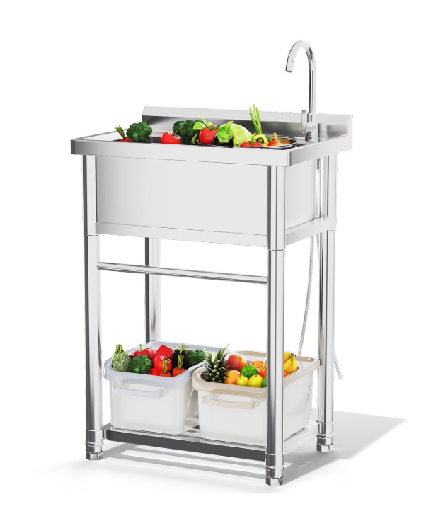 JFHID Stainless Steel Utility Sink, Free Standing Single Bowl Commercial Kitchen Sinks with Faucet & Shelf for Laundry Tub Restaurant Garage or Outdoor Use