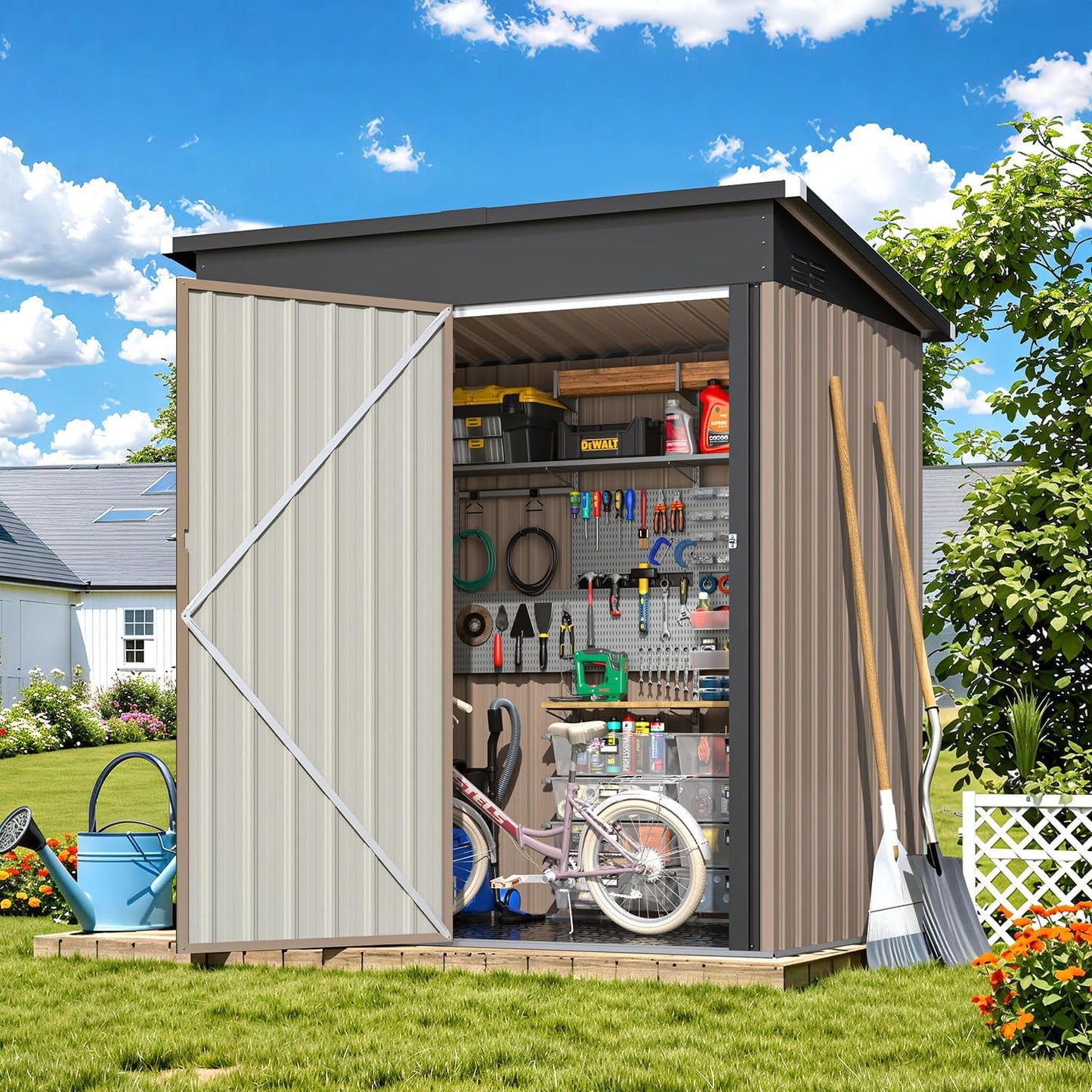 YODOLLA 5 x 3 ft. Outdoor Metal Steel Storage Shed with Floor Base& Lockable Door for Backyard, Garden